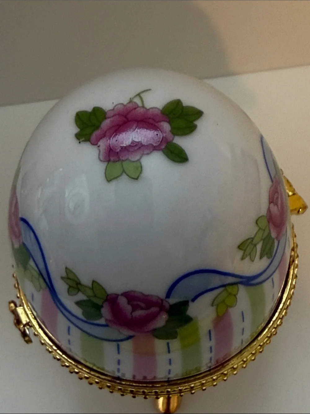 Genuine Porcelain hand painted romantic Victorian style egg shaped trinket box